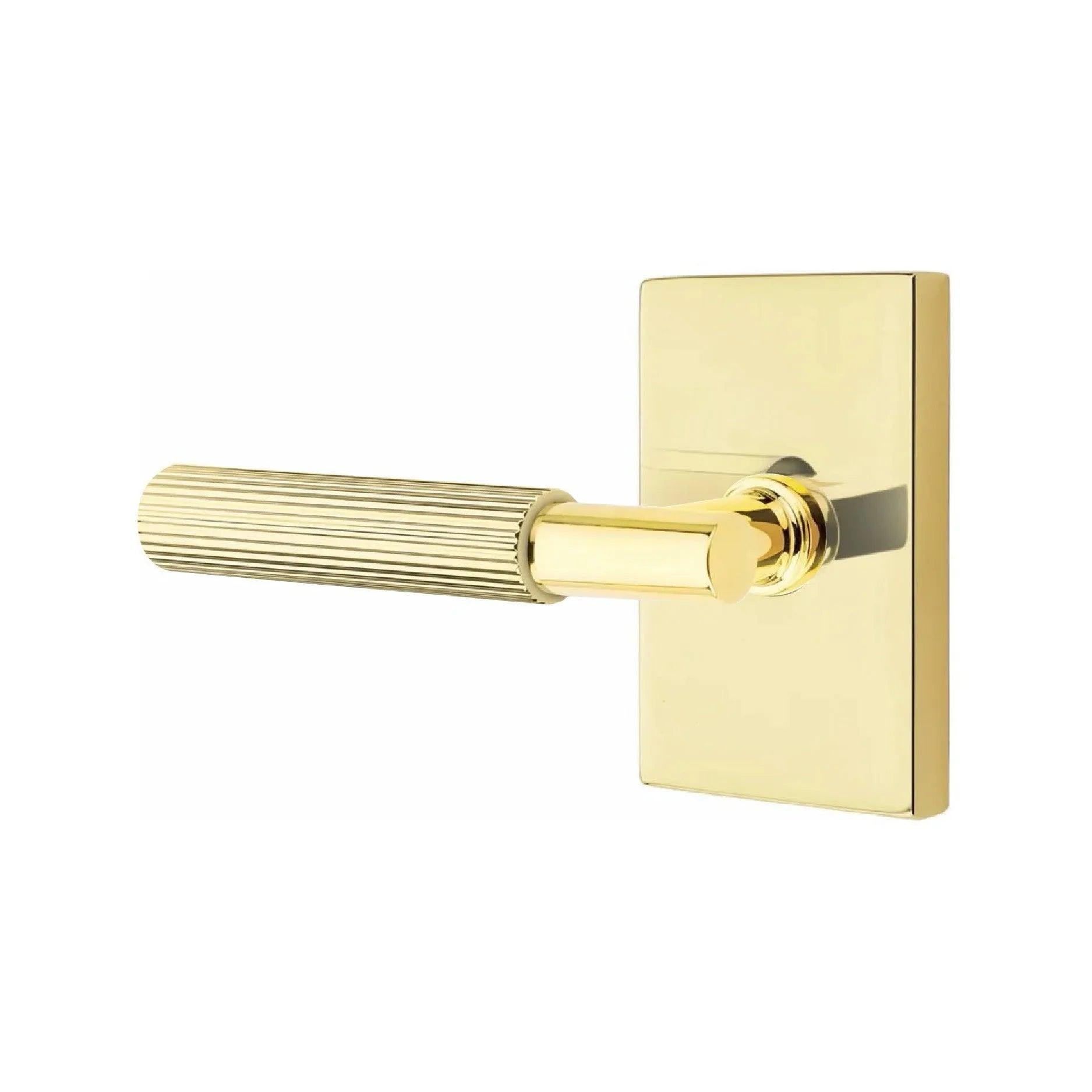 Emtek Select T-Bar Straight Knurled Lever with Modern Rectangular Rosette Unlacquered Brass