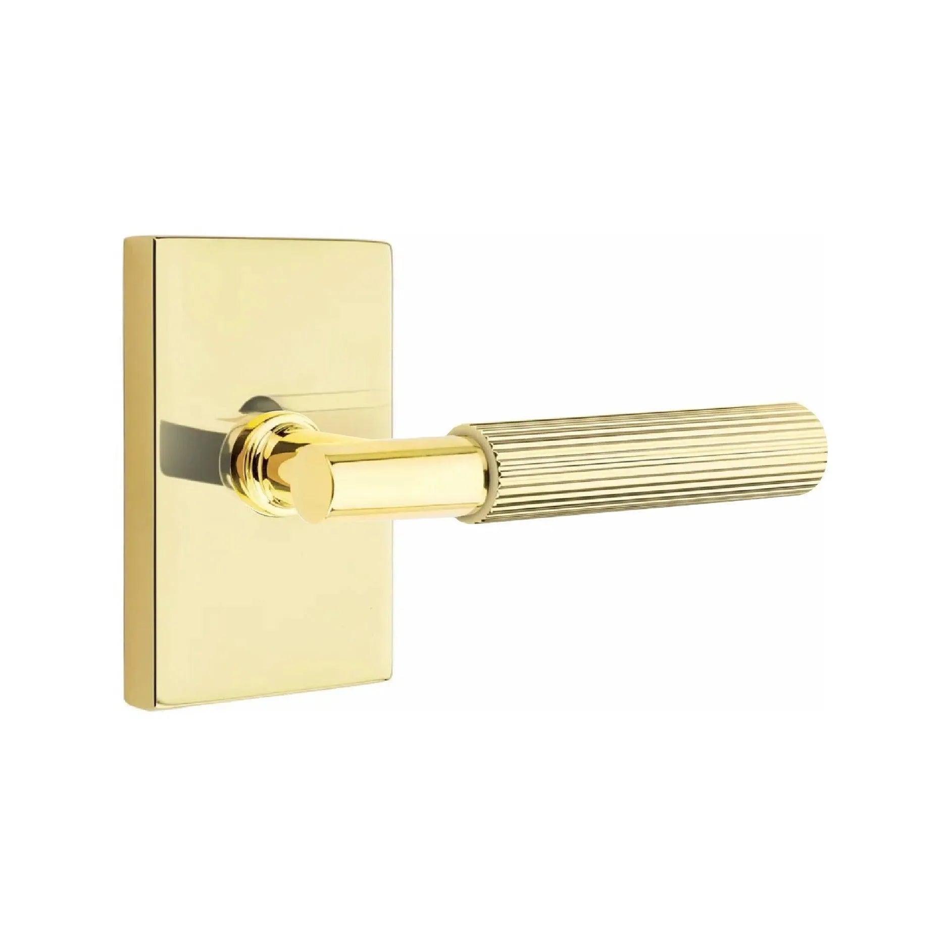 Emtek Select T-Bar Straight Knurled Lever with Modern Rectangular Rosette Unlacquered Brass