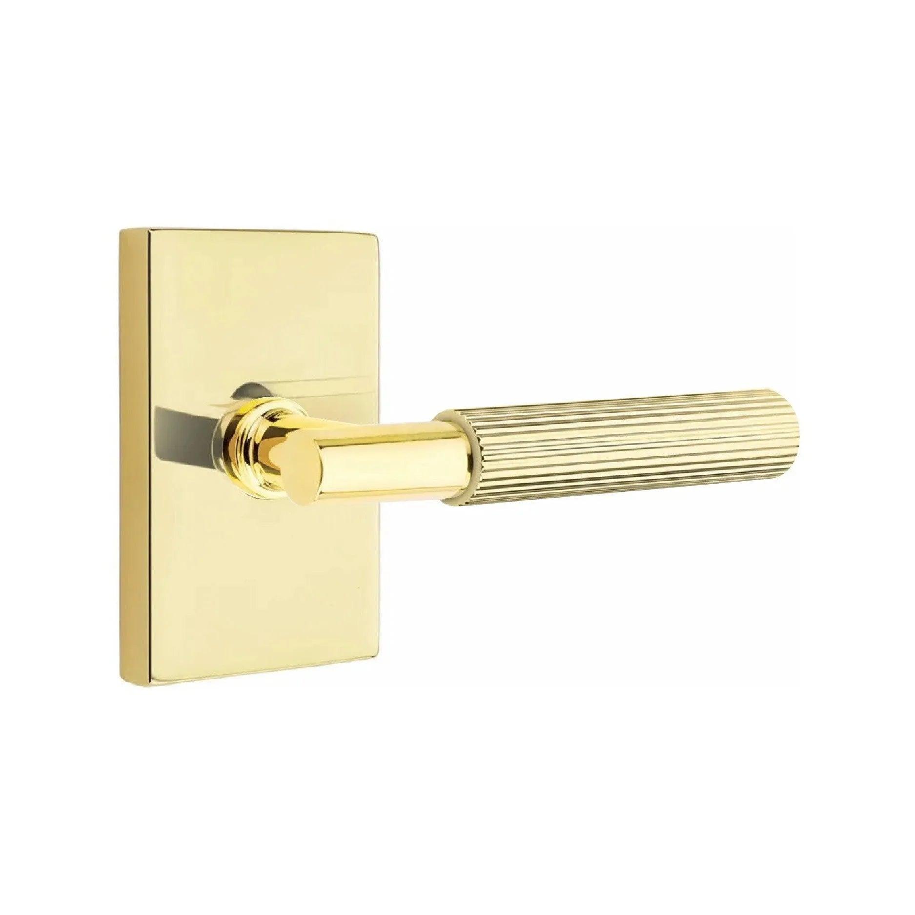 Emtek Select T-Bar Straight Knurled Lever with Modern Rectangular Rosette Unlacquered Brass