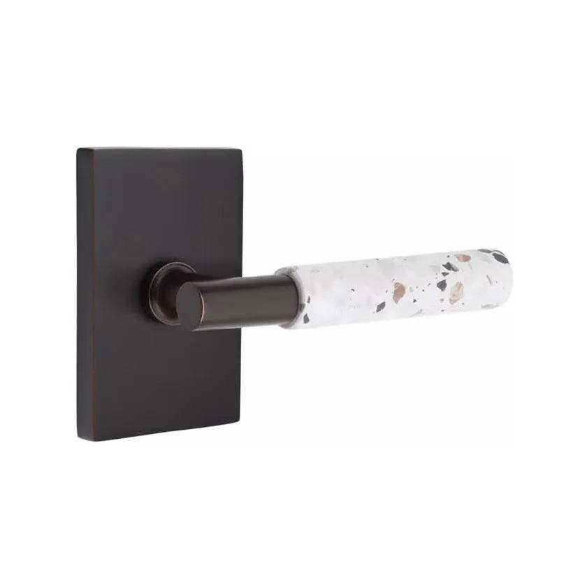 Emtek Select T-Bar Terrazzo Lever with Modern Rectangular Rosette Oil Rubbed Bronze