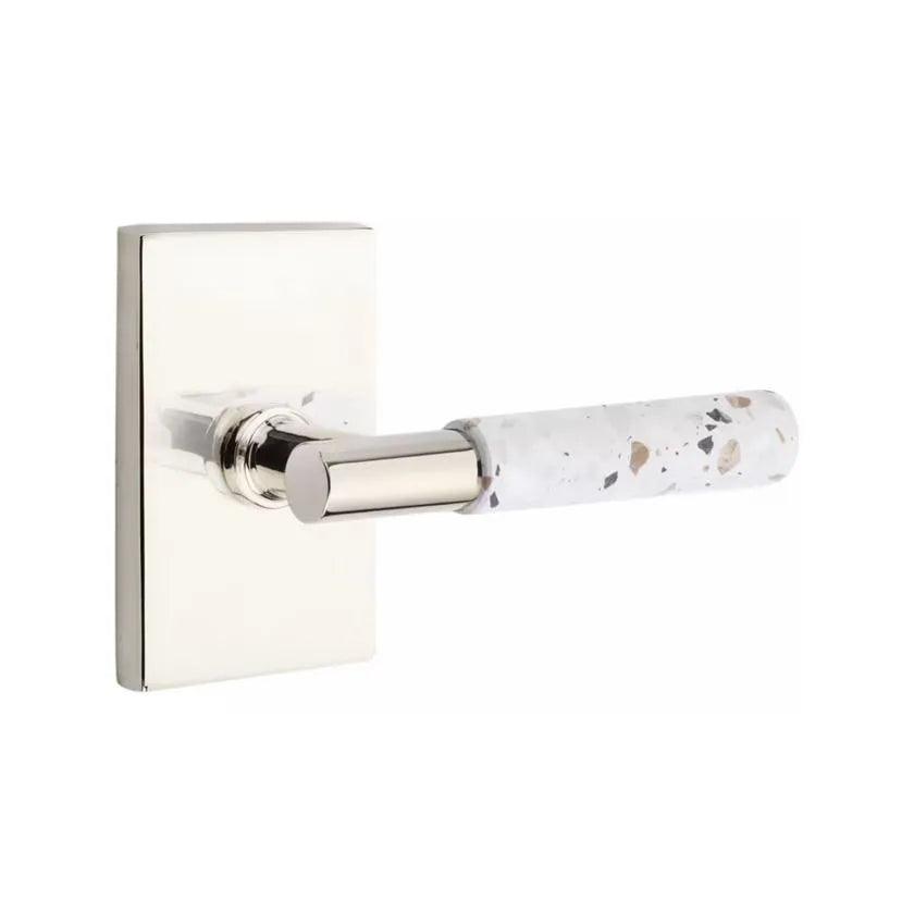 Emtek Select T-Bar Terrazzo Lever with Modern Rectangular Rosette Polished Nickel
