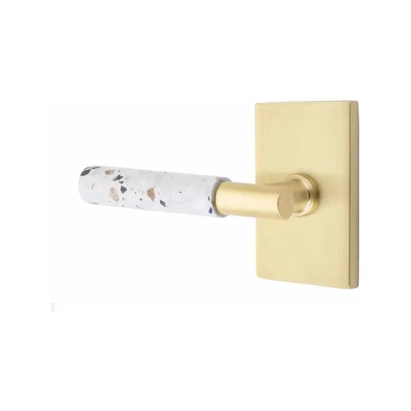 Emtek Select T-Bar Terrazzo Lever with Modern Rectangular Rosette Satin Brass