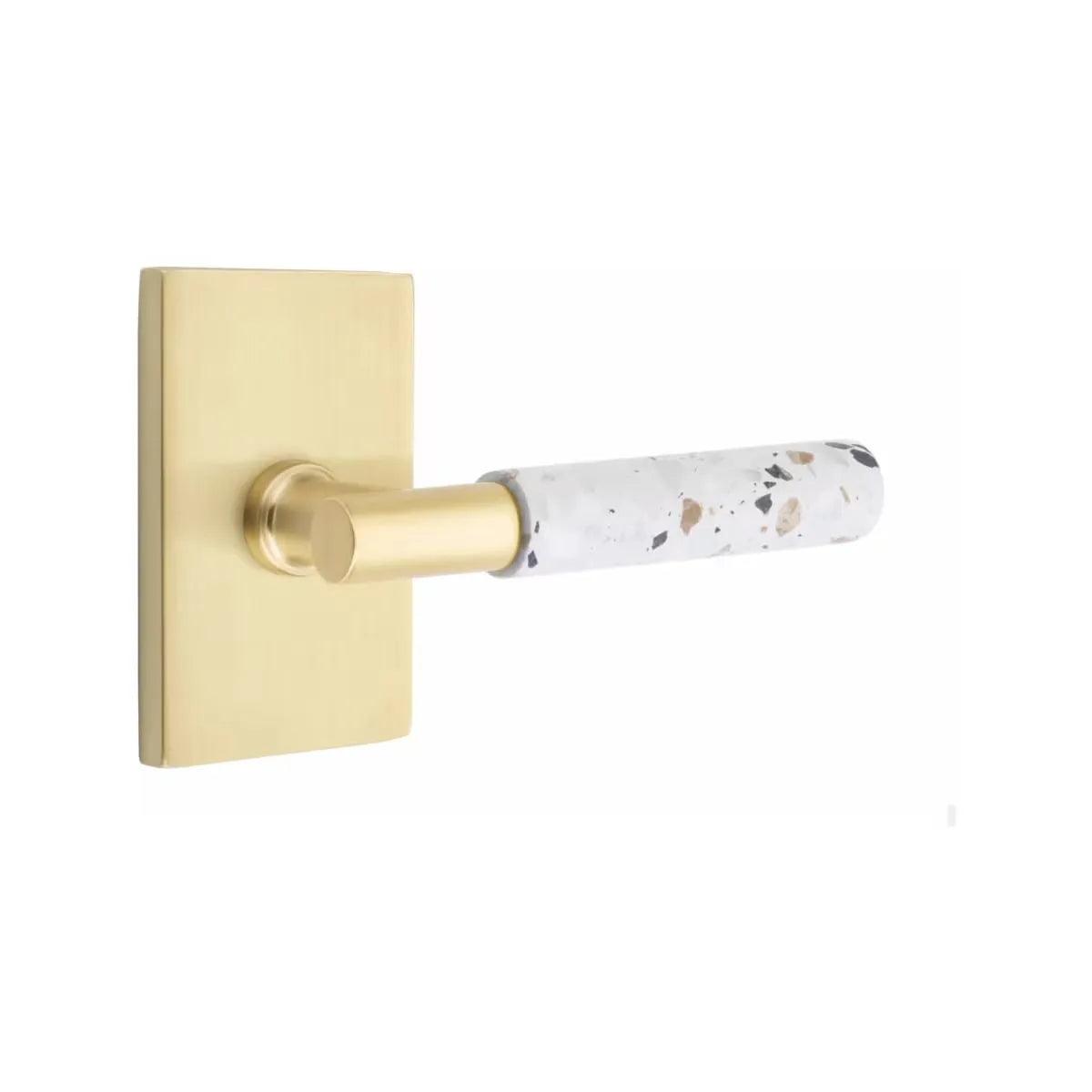 Emtek Select T-Bar Terrazzo Lever with Modern Rectangular Rosette Satin Brass