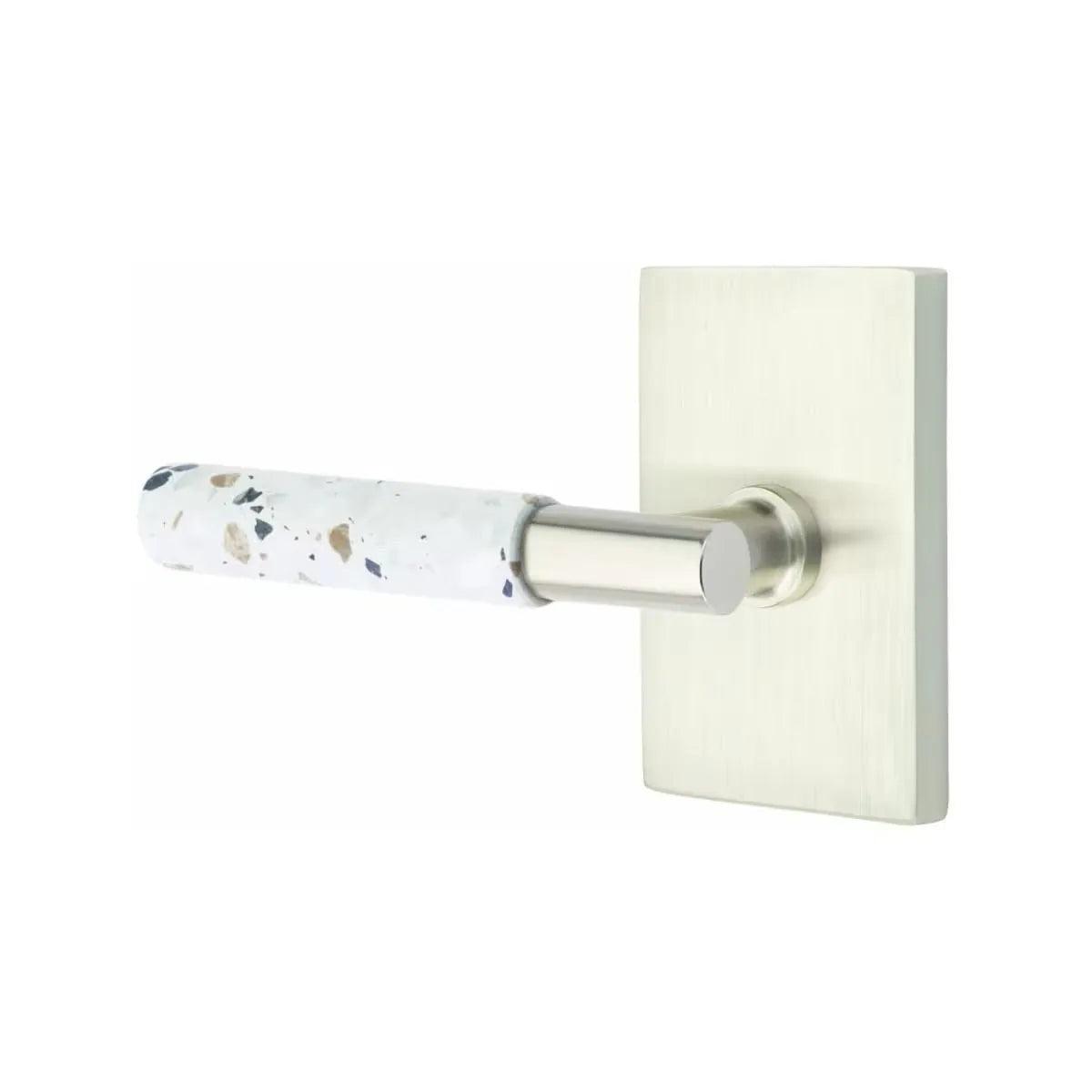 Emtek Select T-Bar Terrazzo Lever with Modern Rectangular Rosette Satin Nickel