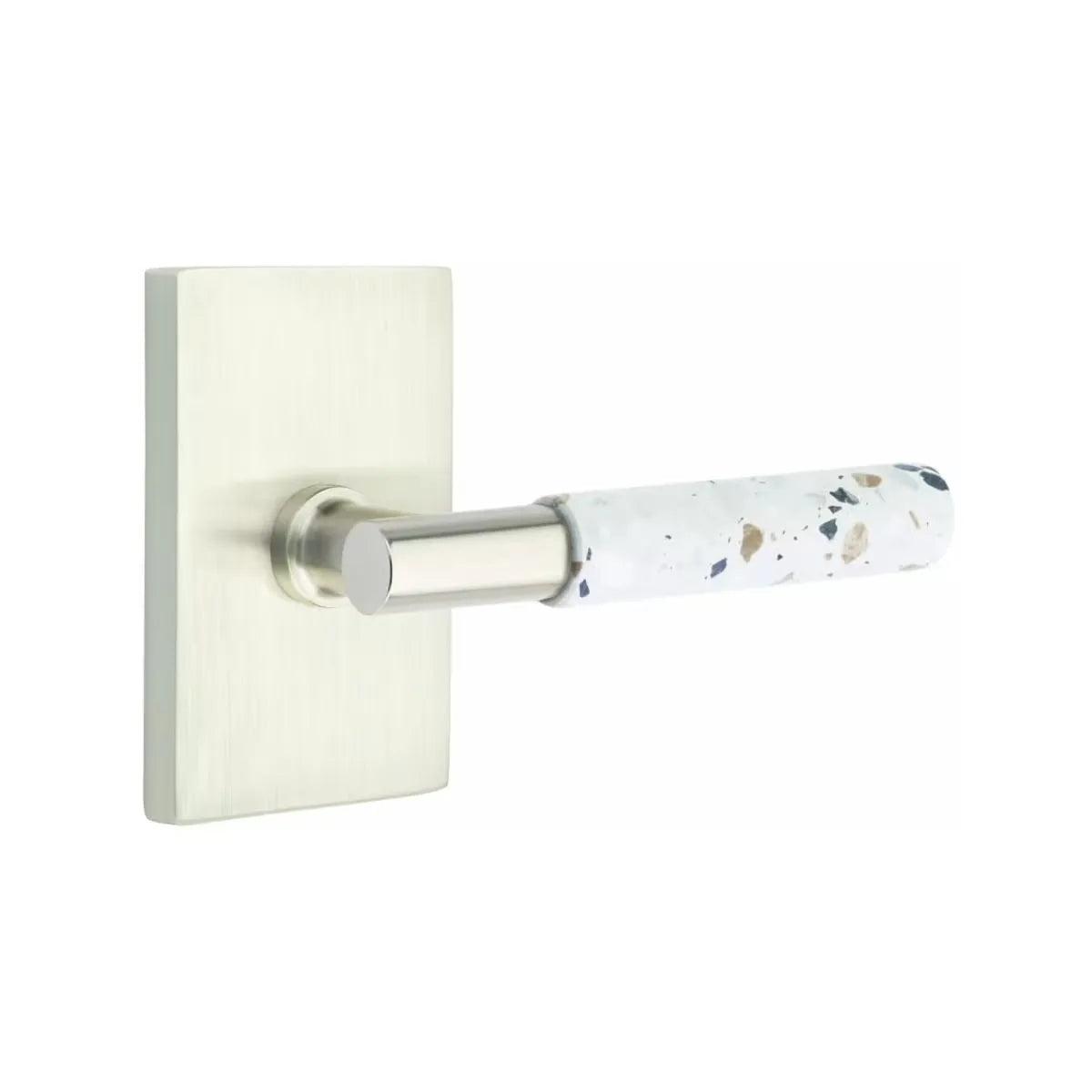 Emtek Select T-Bar Terrazzo Lever with Modern Rectangular Rosette Satin Nickel