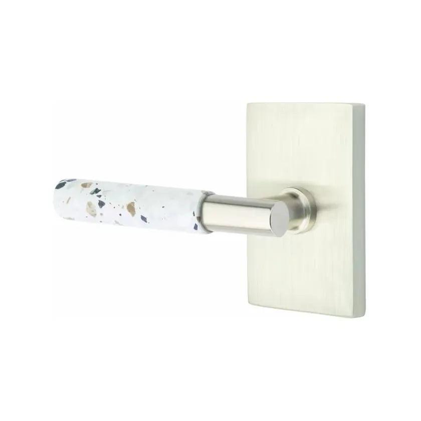 Emtek Select T-Bar Terrazzo Lever with Modern Rectangular Rosette Satin Nickel