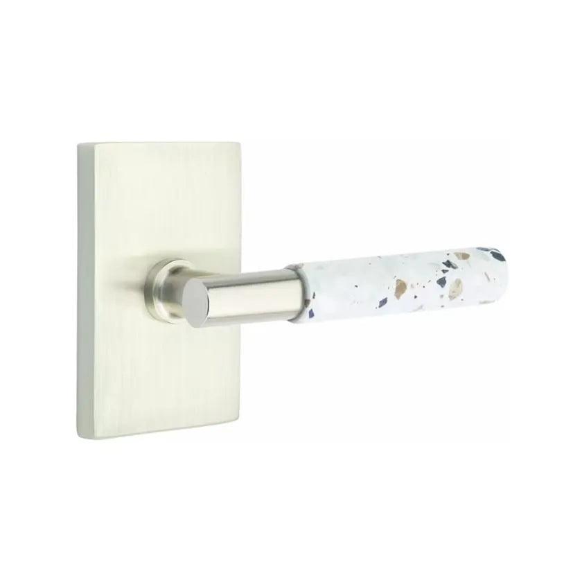 Emtek Select T-Bar Terrazzo Lever with Modern Rectangular Rosette Satin Nickel