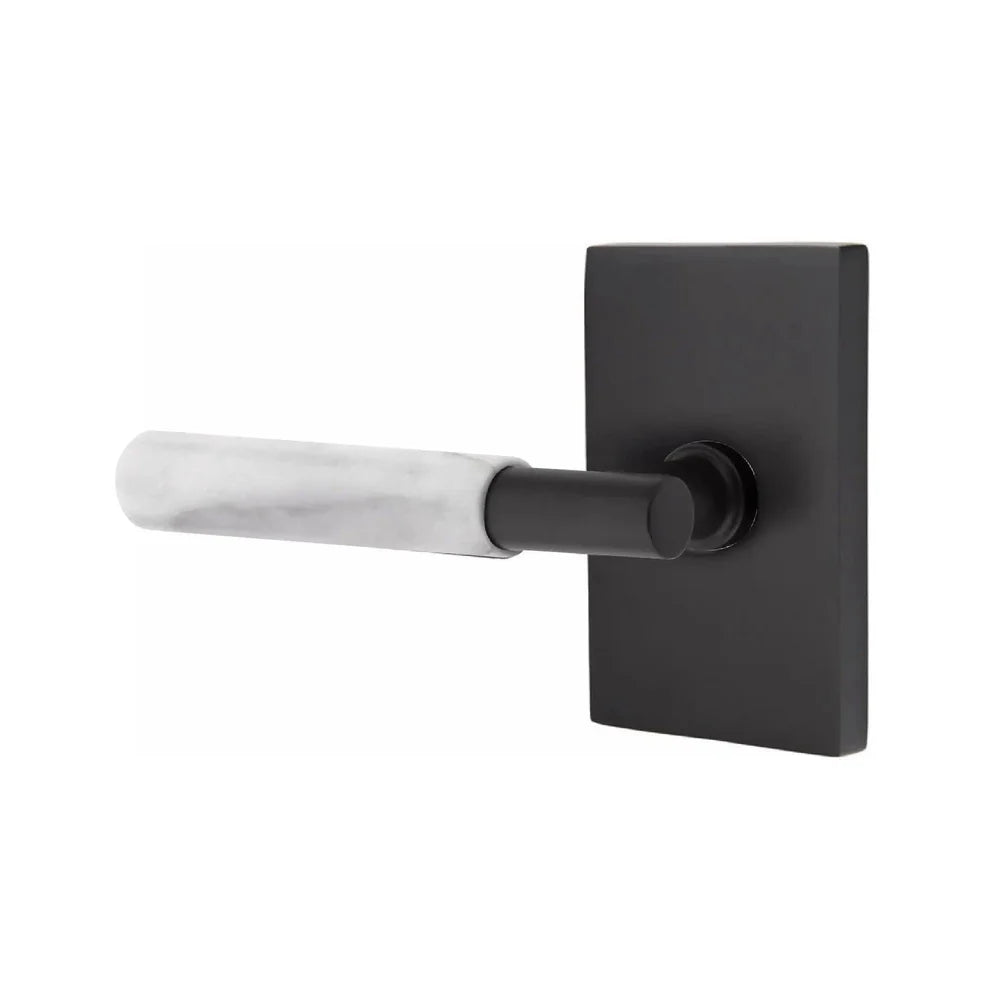 Emtek Select T-Bar White Marble Lever with Modern Rectangular Rosette Flat Black