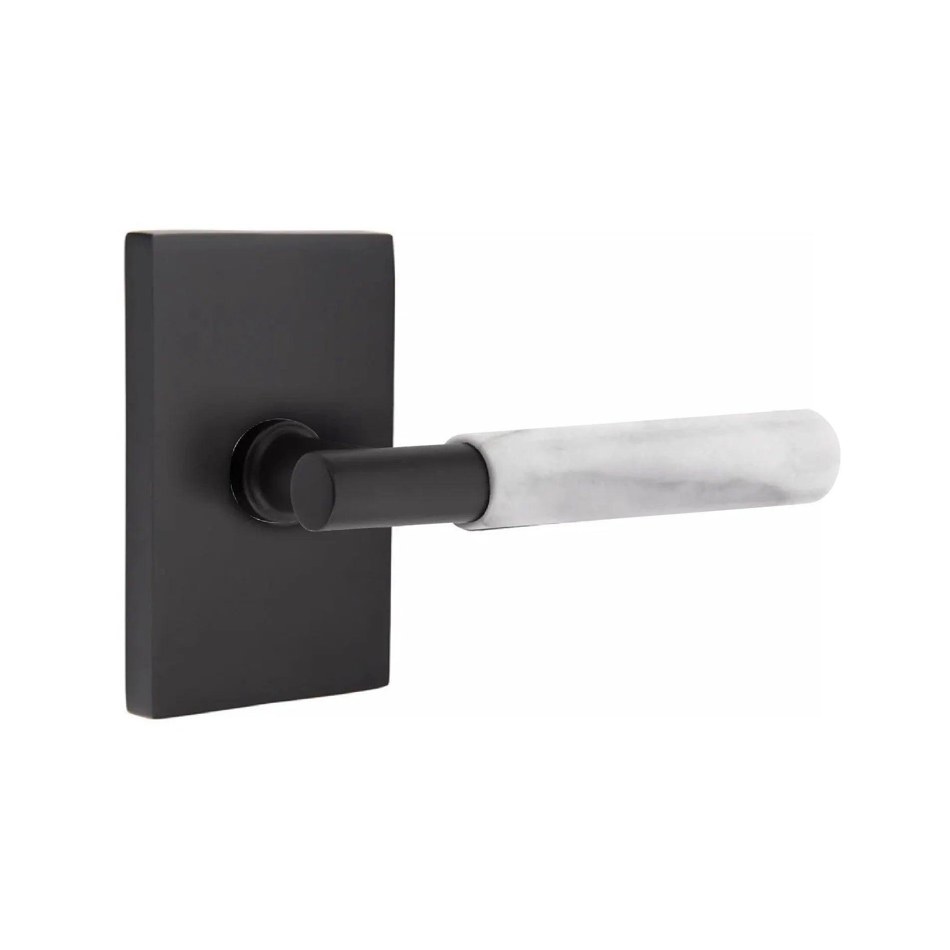 Emtek Select T-Bar White Marble Lever with Modern Rectangular Rosette Flat Black