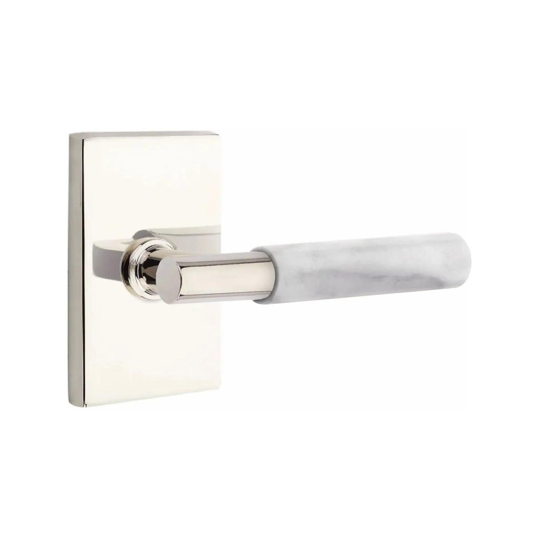 Emtek Select T-Bar White Marble Lever with Modern Rectangular Rosette Lifetime Polished Nickel