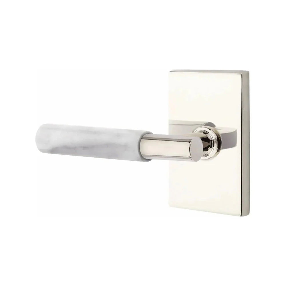 Emtek Select T-Bar White Marble Lever with Modern Rectangular Rosette Lifetime Polished Nickel