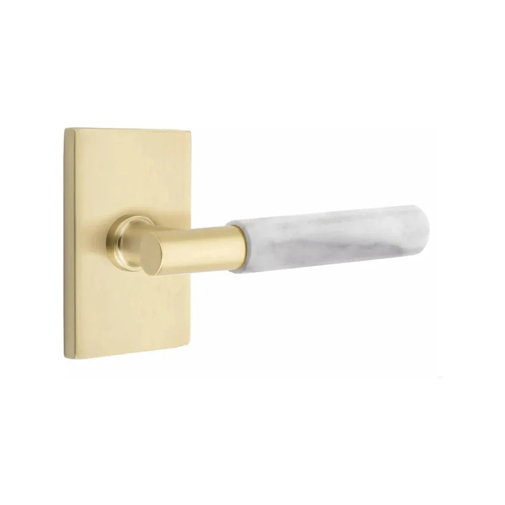 Emtek Select T-Bar White Marble Lever with Modern Rectangular Rosette Satin Brass