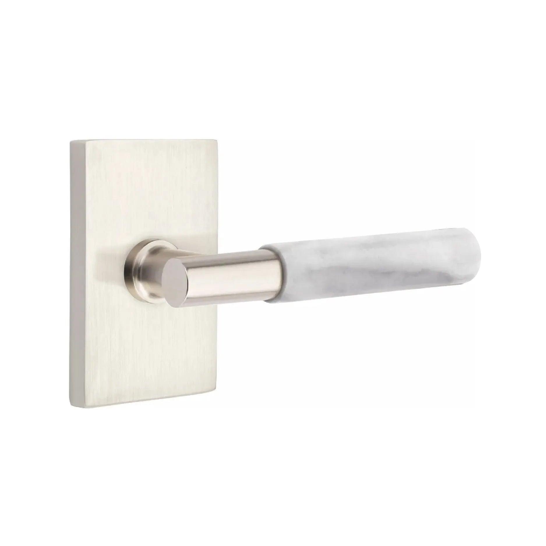 Emtek Select T-Bar White Marble Lever with Modern Rectangular Rosette Satin Nickel