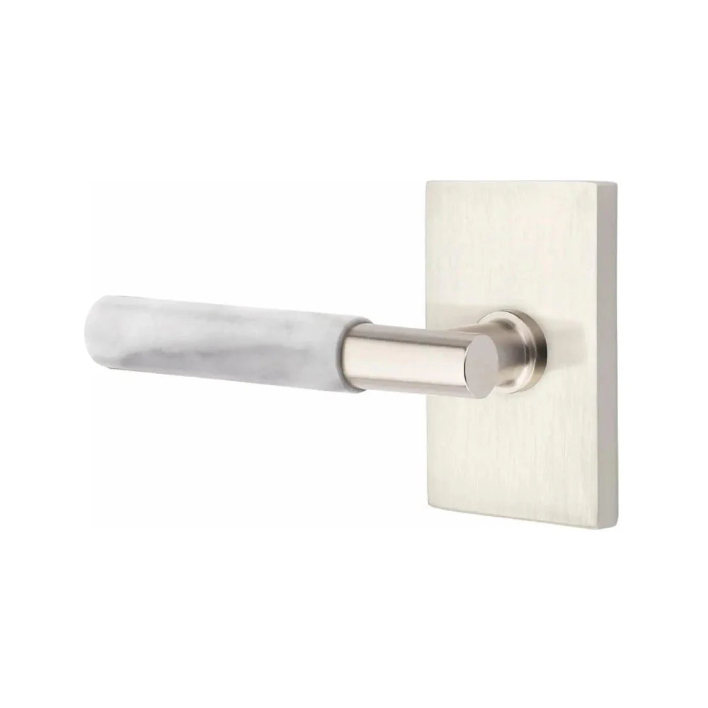 Emtek Select T-Bar White Marble Lever with Modern Rectangular Rosette Satin Nickel