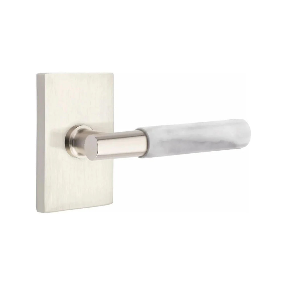 Emtek Select T-Bar White Marble Lever with Modern Rectangular Rosette Satin Nickel