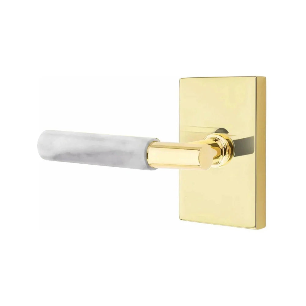 Emtek Select T-Bar White Marble Lever with Modern Rectangular Rosette Unlacquered Brass