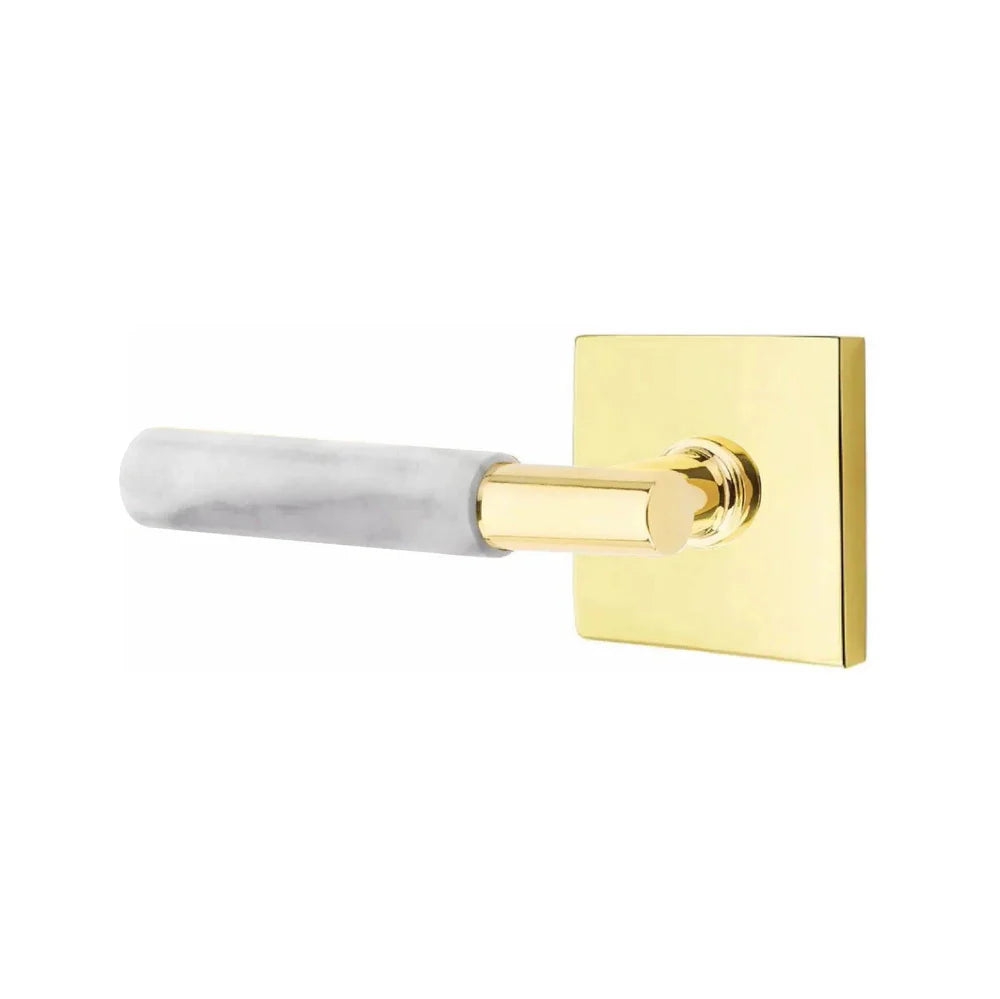 Emtek Select T-Bar White Marble Lever with Square Rosette Unlacquered Brass