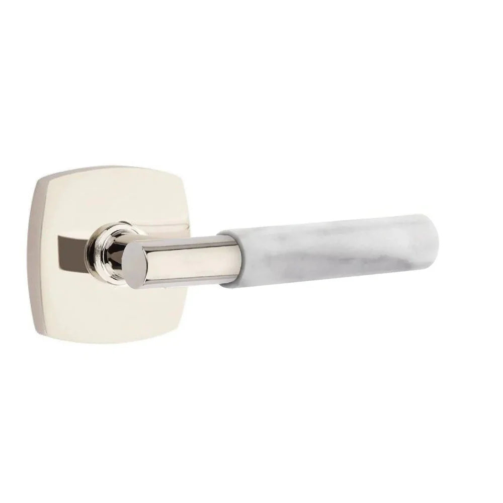 Emtek Select T-Bar White Marble Lever with Urban Modern Rosette Lifetime Polished Nickel