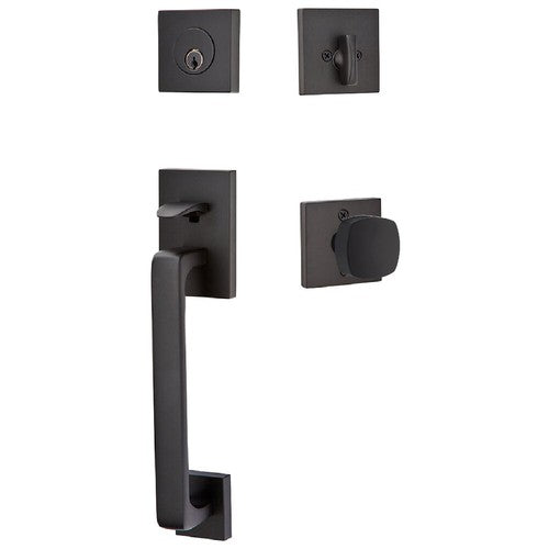 Emtek Baden Entrance Handleset With Freestone Square Knob in Flat Black finish