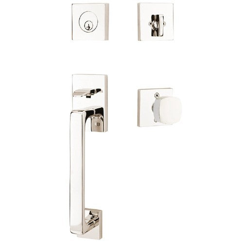 Emtek Baden Entrance Handleset With Freestone Square Knob in Lifetime Polished Nickel finish