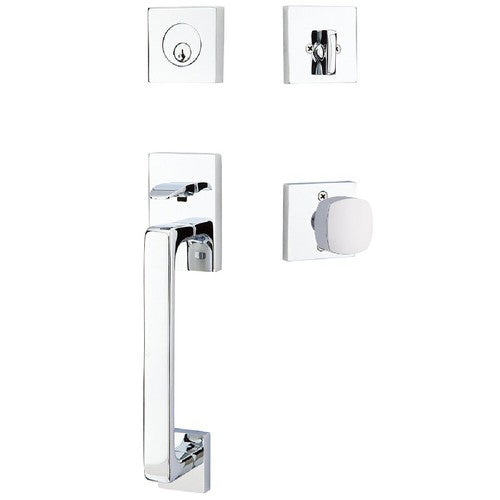 Emtek Baden Entrance Handleset With Freestone Square Knob in Polished Chrome finish