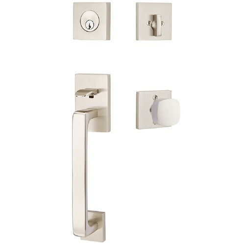 Emtek Baden Entrance Handleset With Freestone Square Knob in Satin Nickel finish