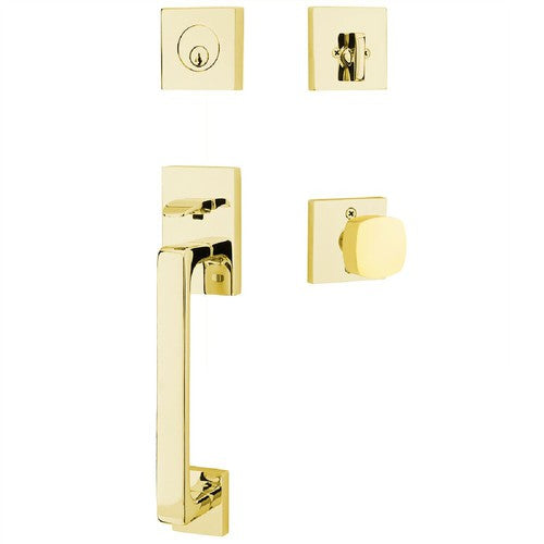 Emtek Baden Entrance Handleset With Freestone Square Knob in Unlacquered Brass finish