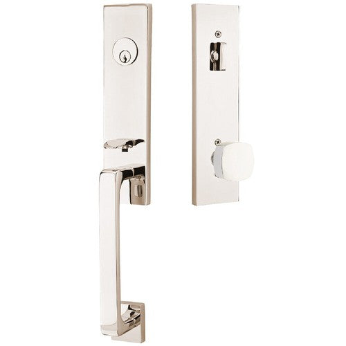 Emtek Davos Tubular Entrance Handleset With Freestone Square Knob in Lifetime Polished Nickel finish