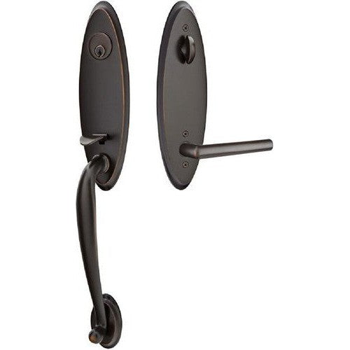 Emtek Marietta Tubular Entrance Handleset With Left Handed Stuttgart Lever in Oil Rubbed Bronze finish