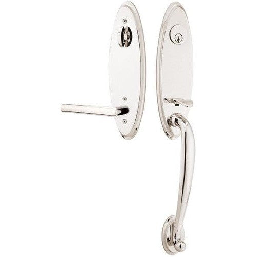 Emtek Marietta Tubular Entrance Handleset With Right Handed Stuttgart Lever in Lifetime Polished Nickel finish