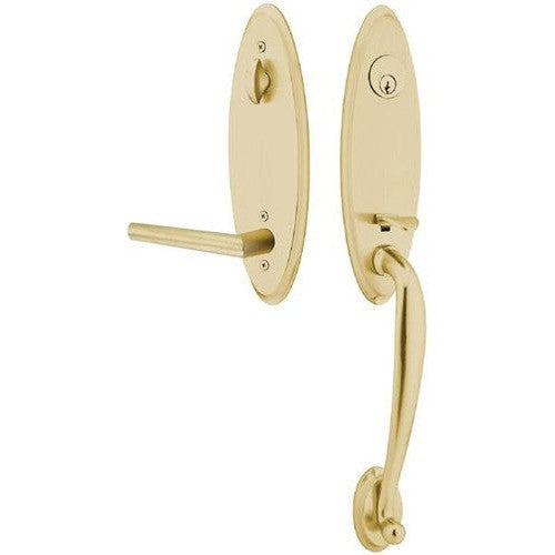 Emtek Marietta Tubular Entrance Handleset With Right Handed Stuttgart Lever in Satin Brass finish