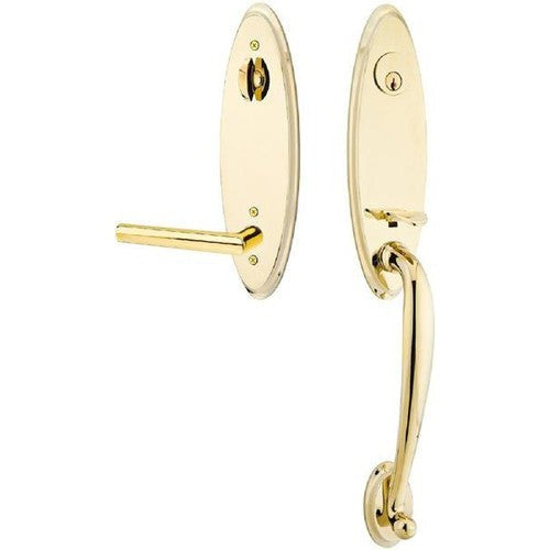 Emtek Marietta Tubular Entrance Handleset With Right Handed Stuttgart Lever in Unlacquered Brass finish