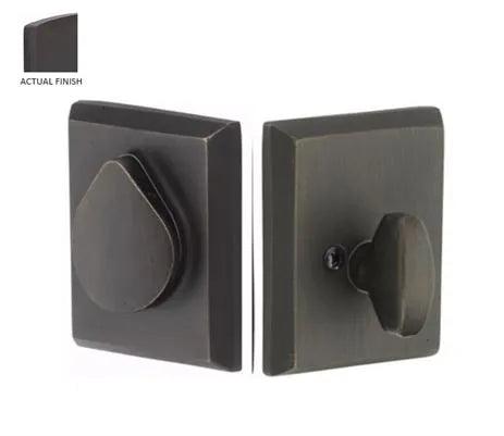 Emtek Single Cylinder Rustic Modern Rectangular Sandcast Bronze Keyed Deadbolt with Flap Flat Black Bronze Patina