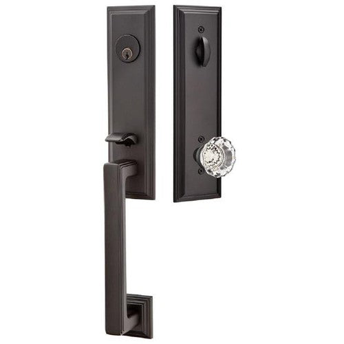 Emtek Wilshire Tubular Entrance Handleset With Astoria Clear Knob in Flat Black finish