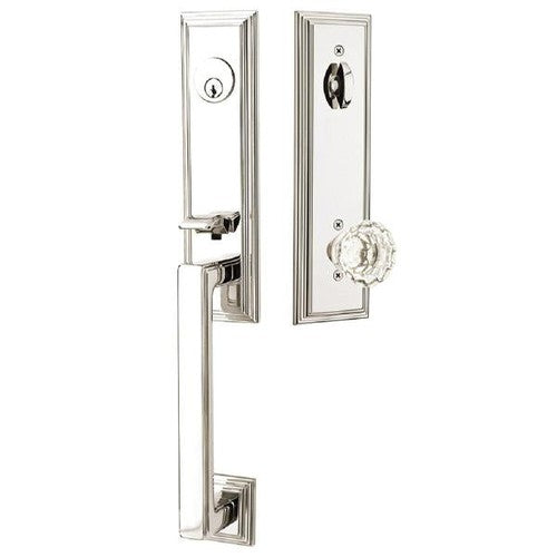 Emtek Wilshire Tubular Entrance Handleset With Astoria Clear Knob in Lifetime Polished Nickel finish