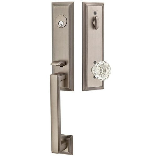 Emtek Wilshire Tubular Entrance Handleset With Astoria Clear Knob in Pewter finish