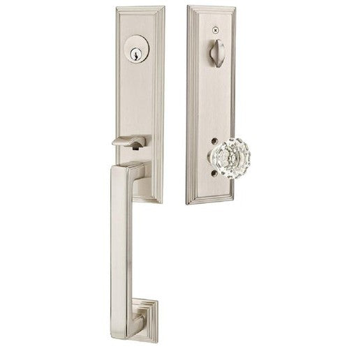 Emtek Wilshire Tubular Entrance Handleset With Astoria Clear Knob in Satin Nickel finish