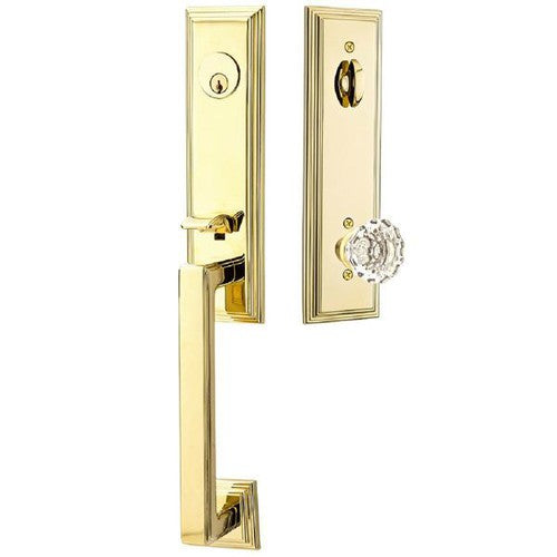 Emtek Wilshire Tubular Entrance Handleset With Astoria Clear Knob in Unlacquered Brass finish