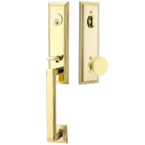 Emtek Wilshire Tubular Entrance Handleset With Bern Knob in Unlacquered Brass finish