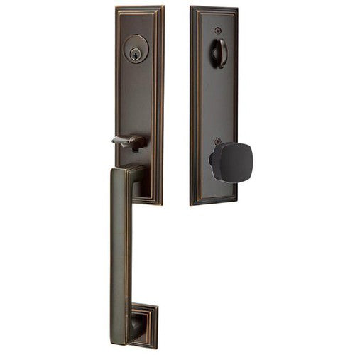 Emtek Wilshire Tubular Entrance Handleset With Freestone Square Knob in Oil Rubbed Bronze finish