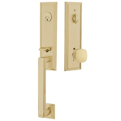 Emtek Wilshire Tubular Entrance Handleset With Freestone Square Knob in Satin Brass finish