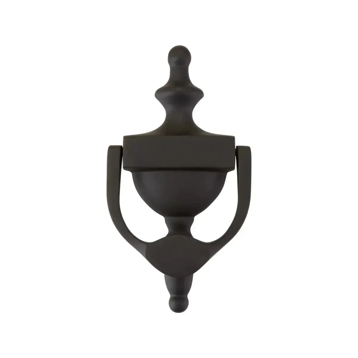 The Emtek Solid Brass Urn Door Knocker in Flat Black finish.