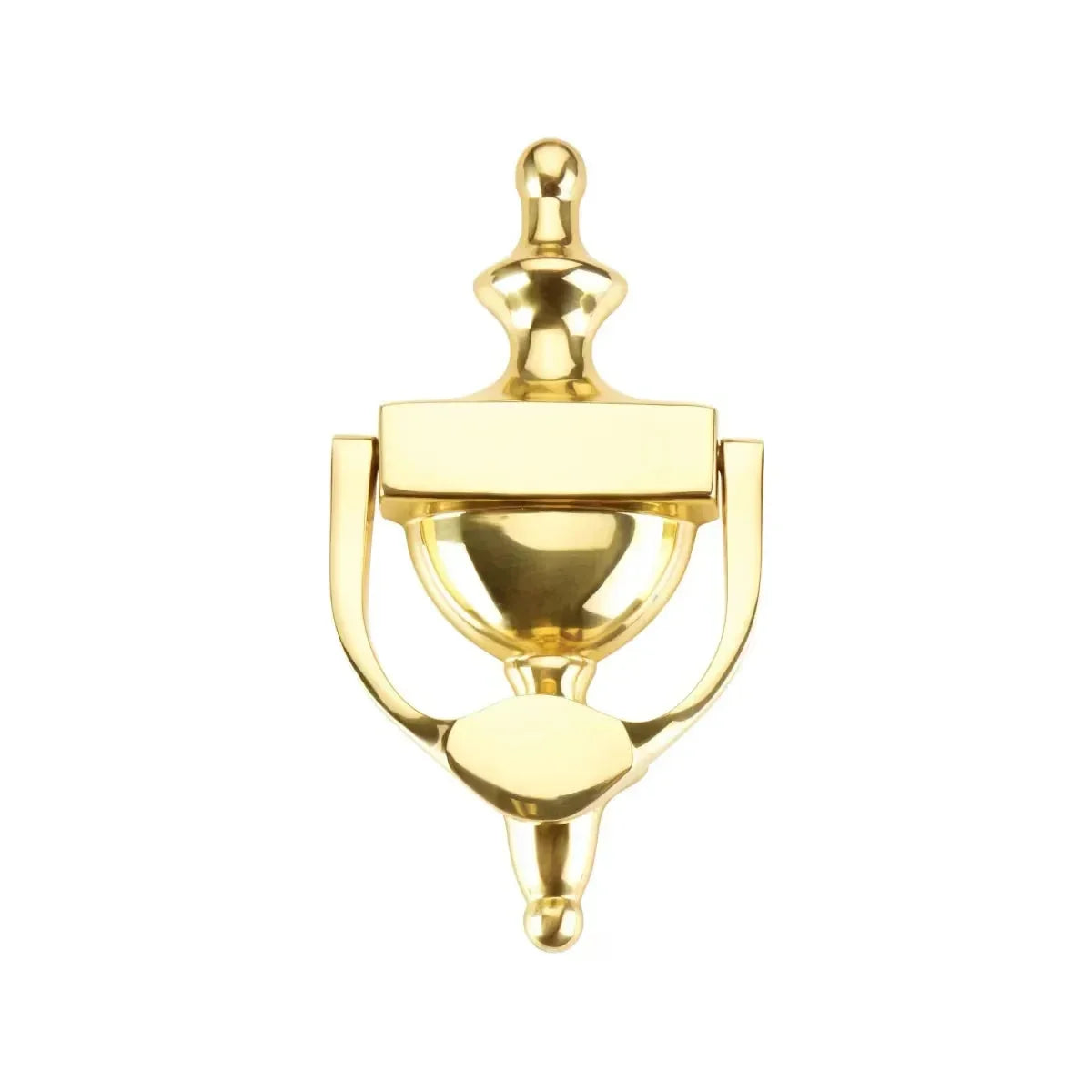 The Emtek Solid Brass Urn Door Knocker in Polished Brass finish.