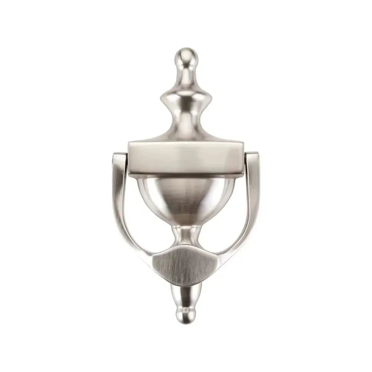 The Emtek Solid Brass Urn Door Knocker in Satin Nickel finish.