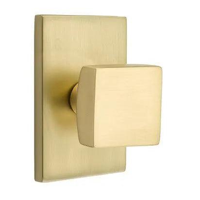 Emtek Square Knob with Modern Rectangular Rosette in Satin Brass finish