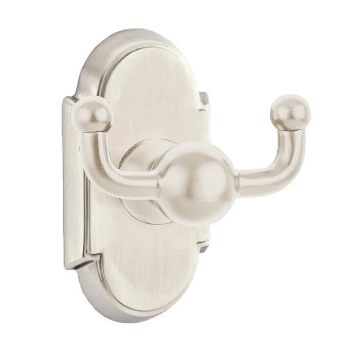 Emtek Traditional Brass Double Robe Hook With #8 Rosette in Satin Nickel finish