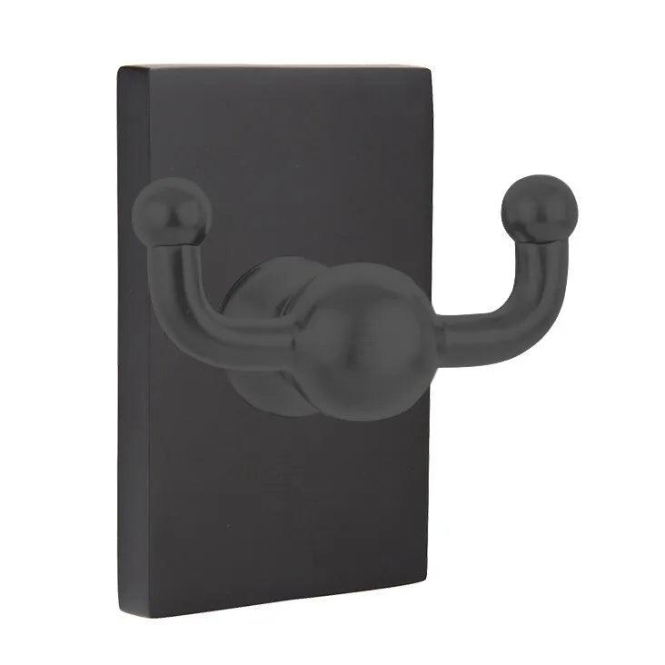 Emtek Traditional Brass Double Robe Hook With Modern Rectangular Rosette in Flat Black finish