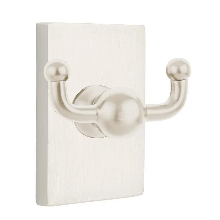 Emtek Traditional Brass Double Robe Hook With Modern Rectangular Rosette in Satin Nickel finish