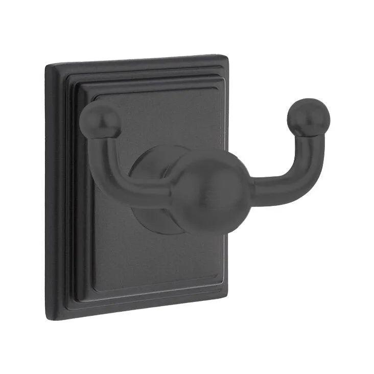 Emtek Traditional Brass Double Robe Hook With Wilshire Rosette in Flat Black finish