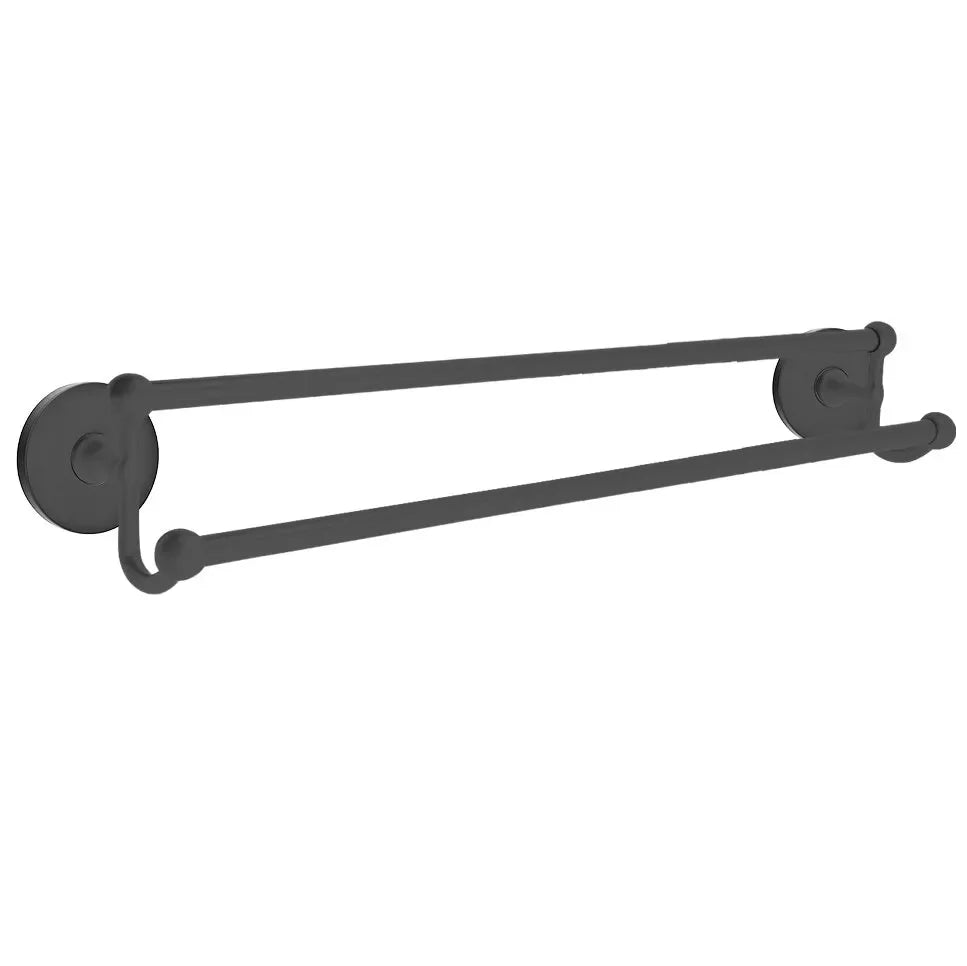The Emtek Traditional Brass Double Towel Bar with Small Disc Rosette in Flat Black finish.
